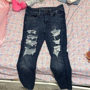 American Eagle Outfitters Women's Dark Blue Distressed Skinny Jeans